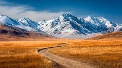 Curving dirt path through golden grassland leading to imposing snow-covered mountain peaks under a crisp blue sky in a serene natural landscape