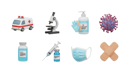 Medical Icons: Ambulance, Microscope, Virus, Vaccine, Mask, Bandages