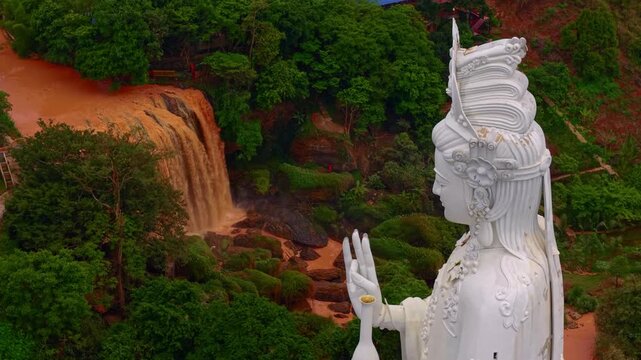 Aerial view of statue Linh An Pagoda near Elephant waterfall in Nam Ban Lam Dong province DaLat city, Vietnam..