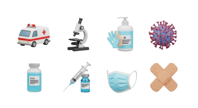 Medical Icons: Ambulance, Microscope, Virus, Vaccine, Mask, Bandages