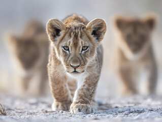 Obraz premium Close-up of a young lion cub walking forward with intense eyes while two other cubs follow closely behind on a sandy ground in soft sunlight