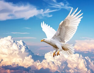 Majestic white eagle soaring through a vibrant sky filled with fluffy clouds