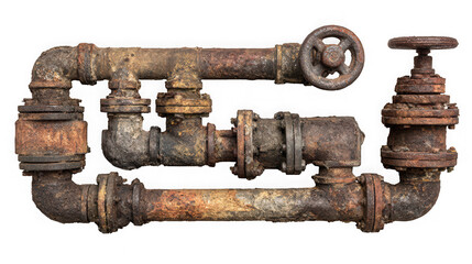 Rusty pipes isolated on transparent background old metal water pipe with rust and corrosion industrial plumbing equipment with valve and connection
