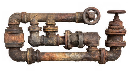 Rusty pipes isolated on transparent background old metal water pipe with rust and corrosion industrial plumbing equipment with valve and connection