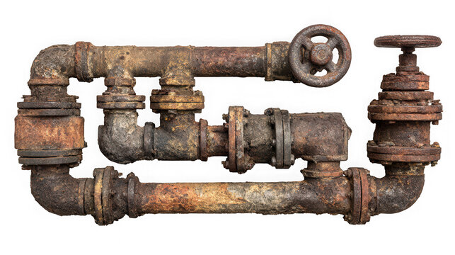 Rusty pipes isolated on transparent background old metal water pipe with rust and corrosion industrial plumbing equipment with valve and connection - Powered by Adobe