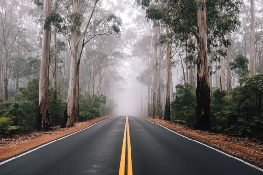 An empty road stretches through thick fog, bordered by towering eucalyptus trees, evoking a sense of mystery and adventure in a serene natural setting - Powered by Adobe