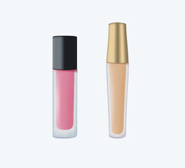 Cosmetics like concealer, blush, lip gloss, tonal cream, lipstick supplies and skincare treatment 3D render vector