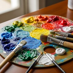 Obraz premium A vibrant 's palette, brimming with colorful paint and paintbrushes, sits on a wooden surface.