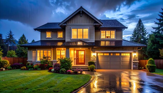 Two-story house with lit windows and garage, set against a stormy sky and manicured lawn, after a rain - Powered by Adobe