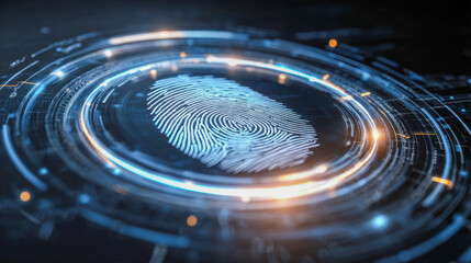 Futuristic digital fingerprint scanning technology with glowing circular interface representing biometric identification and advanced cybersecurity measures