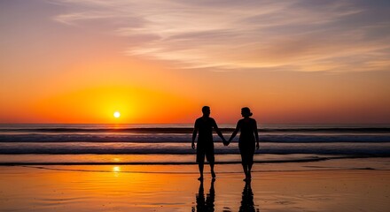 Fototapeta premium A couple stands hand-in-hand on a beach, watching a vibrant sunset paint the sky with warm hues.