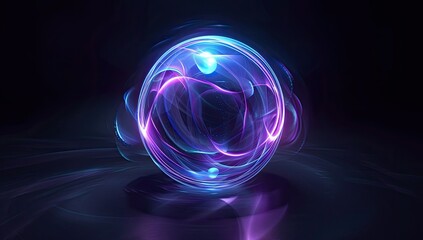 A luminous sphere, pulsating with purple and blue energy, rests on a dark, reflective surface, surrounded by swirling, ethereal light trails