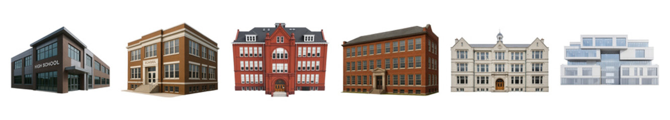 Obraz premium School building set including modern, classic, and historic architectural styles isolated. Education and campus collection.