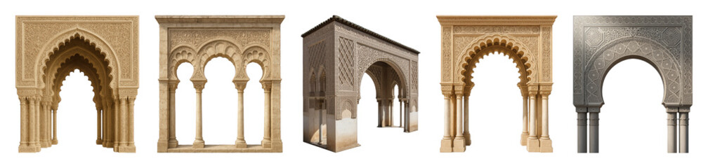 Obraz premium Moorish architectural arches set including single, multiple, carved, and corner elements isolated. Islamic design and historical decor collection.
