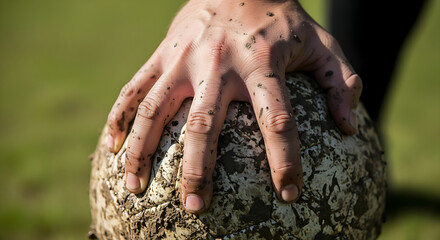 Close up of a muddy soccer ball held by a person's dirty hand on a grass field representing sports and competition