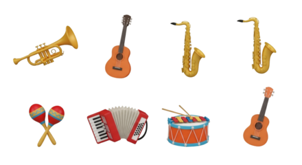 Assortment of Musical Instruments on Black Background