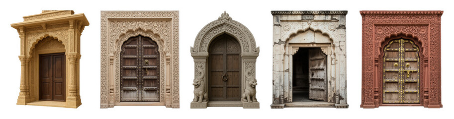 Obraz premium Ornate Indian door set including intricately carved sandstone archways, rustic wooden gates, and weathered stone entrances isolated. Ancient architecture collection.