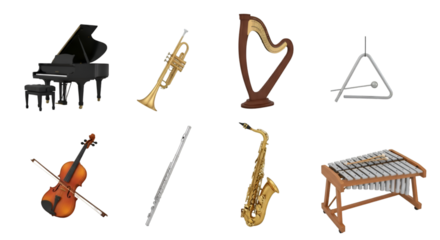 Assortment of Musical Instruments on Black Background