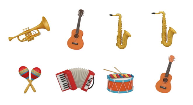 Assortment of Musical Instruments on Black Background