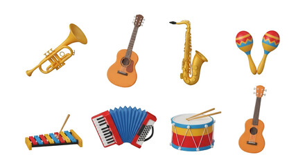 Collection of Colorful Musical Instruments on Black Background