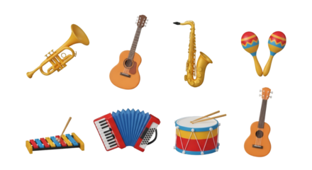 Collection of Colorful Musical Instruments on Black Background