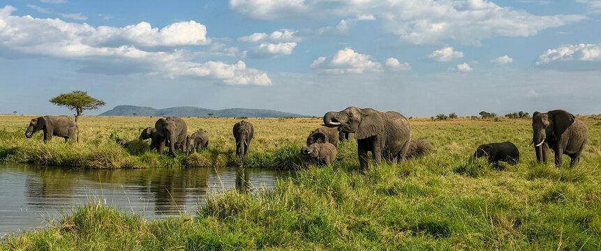 Herd of elephants drinking and grazing in the african savanna