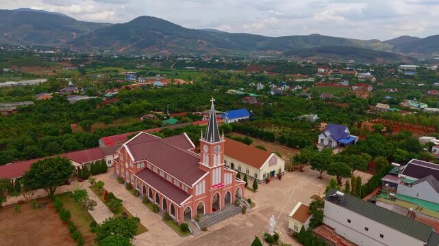 Aerial view Nam Ban Parish Christian Church near Elephant waterfall in Nam Ban Lam Dong province DaLat city, Vietnam.