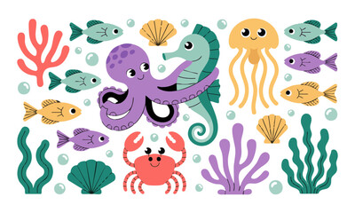 Cute Underwater Animals Vector Set Octopus, Seahorse, Jellyfish, Fish, Crab, Seaweed and Shells, easily editable and scalable.