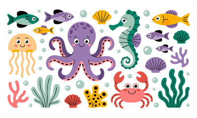 Cute Underwater Animals Vector Set Octopus, Seahorse, Jellyfish, Fish, Crab, Seaweed and Shells, easily editable and scalable.