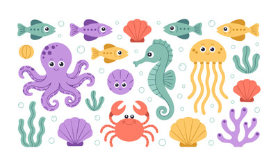 Cute Underwater Animals Vector Set Octopus, Seahorse, Jellyfish, Fish, Crab, Seaweed and Shells, easily editable and scalable.