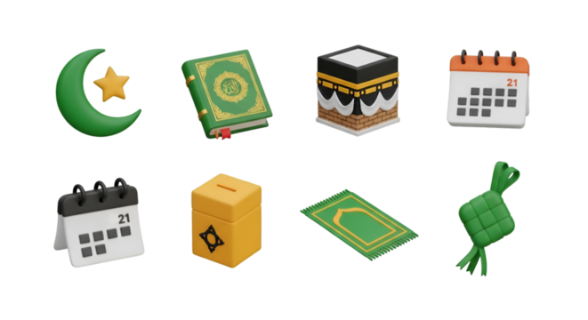 Islamic Icons: Moon, Quran, Kaaba, Calendar, Prayer Mat, Ketupat, Charity Box - Powered by Adobe