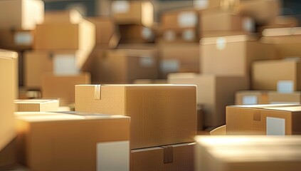 A large pile of cardboard boxes fills the frame, illuminated by warm sunlight, creating a sense of depth and scale.  Some boxes are in focus while others are softly blurred in the background