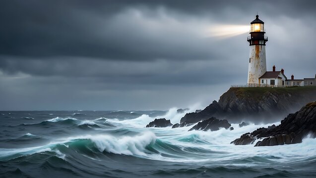Majestic lighthouse stands tall on rocky cliff guiding ships through stormy seas with powerful beam of light