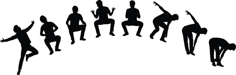 Silhouette of man in multiple poses, sitting, bending, dancing, exercising, standing positions, black vector figure, human body movement, fitness concept