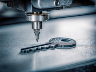 Precision 3d printer creating a detailed metallic key prototype with close-up focus on the nozzle and layered manufacturing process on industrial equipment surface