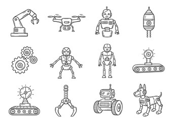 Set of 10 robotics icons in hand drawn doodle style. Vector illustration with robotic arm, drone, humanoid robot, gear system, sensor, exoskeleton, conveyor belt, mechanical claw, wheel bot, robot dog