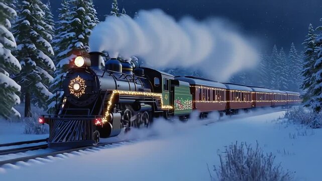 Train decorated for Christmas.