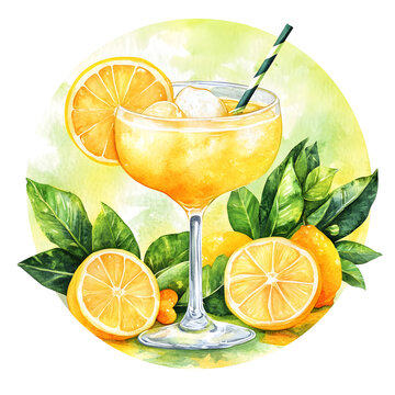 Limoncello cocktail in a glass with ice, garnished with lemon slices, surrounded by fresh lemon fruits and green leaves, vibrant watercolor illustration with copy space for design