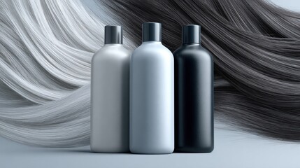 Three sleek shampoo or conditioner bottles in neutral tones placed in front of smooth black and silver strands of hair.