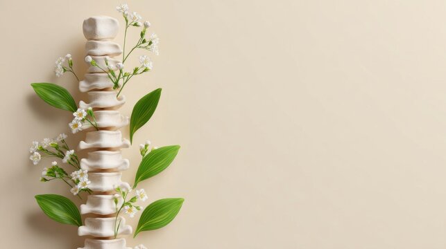 Educational model of a human spine surrounded by green leaves and delicate white flowers on a beige background.