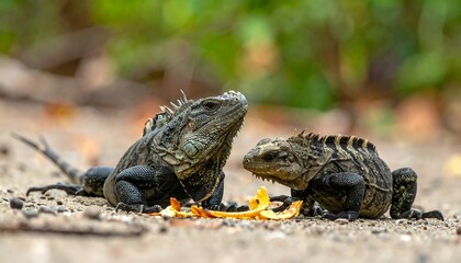Fototapeta premium Two spiky lizards, one larger, examine fruit scraps on a sandy forest floor with out-of-focus foliage