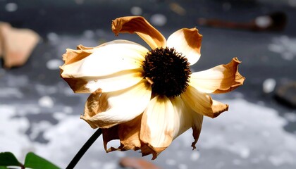 Withered, pale yellow flower with brown edges, on a blurred background