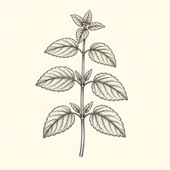 lemon balm branch with detailed leaves, herbal botanical drawing for culinary and natural design. Engraving style illustration