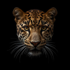 Obraz premium Majestic Leopard Close-Up Portrait on Black Background – Powerful Gaze of Wild Big Cat in High Detail