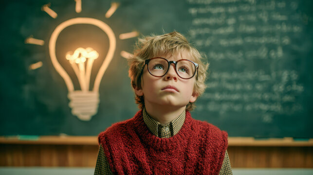 Thoughtful boy wearing glasses and a red sweater vest looking up with a glowing light bulb drawn on chalkboard symbolizing creative ideas in classroom environment