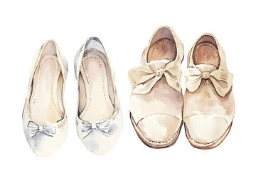 Vintage watercolor illustration of rustic wedding shoes featuring elegant bows, showcasing a charming design with soft colors and textures, perfect for romantic themes and creative projects 