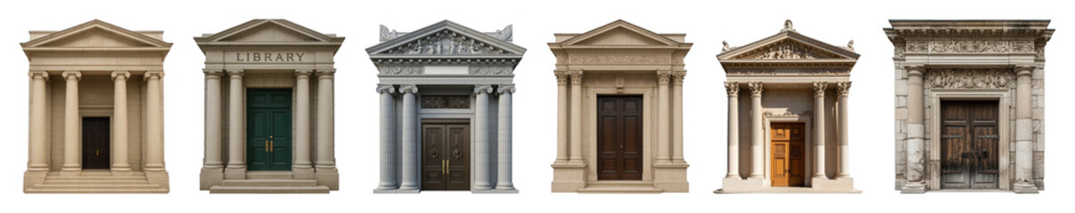 Fototapeta premium Classical building entrance set including pediments, columns, carved details, and various wooden doors isolated. Historic architectural elements.