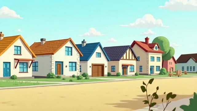 Animated video showing construction of various houses. Full length animation illustration. High quality 4k footage.