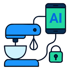 AI in Kitchen with Smart Robot Controlled by Mobile App – Vector Illustration