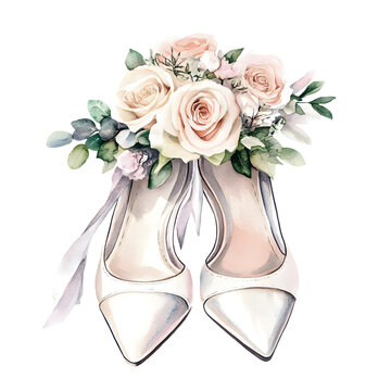 Vintage watercolor illustration of elegant bridal shoes adorned with soft pink roses and greenery, perfect for rustic wedding themes and floral design concepts with copy space